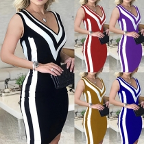 Fashion Contrast Color V-neck Sleeveless Bodycon Dress