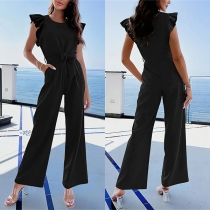 Fashion Crew Neck Ruffle Cap Sleeve Self-tie Straight-cut Jumpsuit