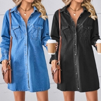 Fashion Stand Collar Long Sleeve Patch Chest Pockets Front Button Old-washed Denim Dress