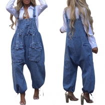 Street Fashion Patch Pockets Old-washed Denim Loose Suspender Jumpsuit