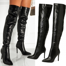 Elegant Solid Color Pointed-toe Side Zipper High-heeled Artificial Leather PU Over-the-knee Boots