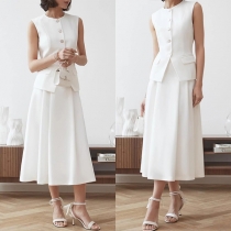 Elegant Tw-piece Suit Set Consist of Sleeveless Vest and Midi Skirt