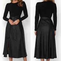 Fashion Crew Neck Long Sleeve Self-tie Side Slit Dress