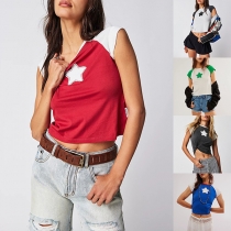 Fashion Contrast Color Crew Neck Cap Sleeve Front Star Pattern Crop Shirt