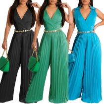 Fashion Polo V-neck Sleeveless Metal Belt Pleated Wide-leg Jumpsuit