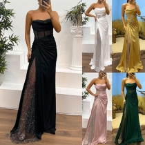 Sexy Bling-bling Gauze Spliced Strapless Maxi Party Dress