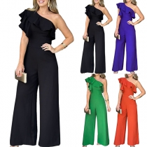 Sexy Ruffle Slant Shoulder Sleeveless High-rise Wide-leg Jumpsuit
