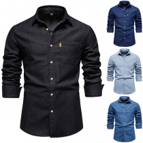 Fashion Polo-neck Long Sleeve Front Button Denim Blouse for Men