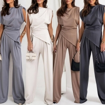Elegant Solid Color Two-piece Set Consist of Irregular Hemline Shirt and Straight-cut Pants