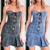 Fashion Strapless Front Lace-up Ruffle Hemline Old-washed Denim Dress
