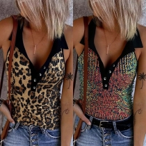 Fashion Leopard Printed/Sequined Stand Collar Button V-neck Sleeveless Shirt