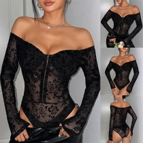 Vintage Strapless Long Sleeve Front Buckle Floral Jacquard Semi-through Bodysuit