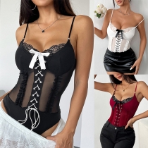 Fashion Semi-through Lace Spliced Gauze Lace-up Cami Bodysuit