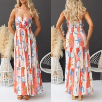 Fashion Floral Printed Self-tie V-neck High-rise Maxi Slip Dress