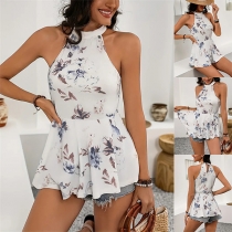 Fashion Floral Printed Halterneck Sleeveless Ruffle Hemline Shirt
