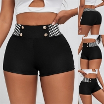 Fashion Houndstooth Double-breasted High-rise Elastic Shorts