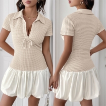 Fashion Polo V-neck Short Sleeve Ruffle Hemline Texture Dress