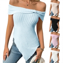 Sexy Strapless Irregular Hemline Ribbed Shirt