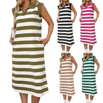 Casual Contrast Color Stripe Stand Collar V-neck Sleeveless Dress