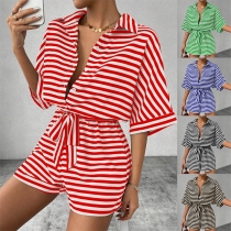 Fashion Contrast Color Stripe Printed Stand Collar Short Sleeve Front Button Self-tie Romper