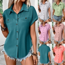 Fashion Pleated Stand Collar Short Sleeve Front Button Blouse