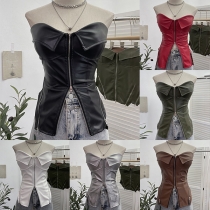Fashion Lapel Strapless Front Zipper Artificial Leather PU Shirts