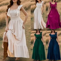 Fashion Ruffle Square Neck Sleeveless Smocked Waist Maxi Dress