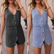Street Fashion Front Button V-neck Sleeveless Irregular Hemline Mock-two-piece Denim Romper