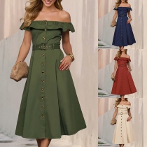 Fashion Solid Color Ruffle Strapless Front Button Midi Dress with Belt