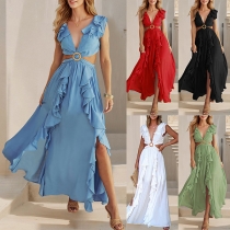 Bohemia Style Ruffle V-neck Side Cutout O-ring Self-tie Backless Side Slit Maxi Dress