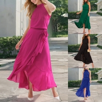 Elegant Solid Color Crew Neck Sleeveless Ruffled Irregular Hemline  Self-tie Wrap Dress