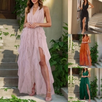 Fashion Halterneck V-neck Sleeveless Backless Gauze Spliced Irregular Henline Side Slit Party Dress
