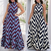 Fashion Halterneck Sleeveless Self-tie High-rise Wave Printed Maxi Dress
