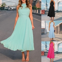 Fashion Halterneck Sleeveless Self-tie High-rise Pleated Dress