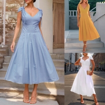 Fashion Solid Color Self-tie Shoulder V-neck Sleeveless High-rise Midi Dress