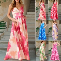 Fashion Tie-dye V-neck High-rise Backless Maxi Dress