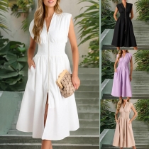 Fashion Solid Color Sleeveless Front Zipper V-neck Front Slit Smocked High-rise Side Pocket Dress