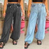 Street Fashion Elastic Waist Front Pockets Loose Old-washed Denim Jeans