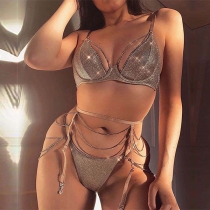 Sexy Chain Tassel Rhinestone Three-piece Lingerie Set