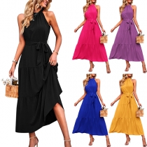 Fashion Solid Color Halterneck Sleeveless Self-tie Tiered Dress