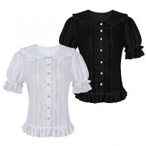 Vintage Lace Spliced Polo-Neck Puff Short Sleeve Front Button Ruffle Hemline Lolita Shirt