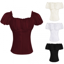 Vintage Ruched Off-the-shoulder Short Sleeve Shirt