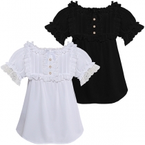 Vintage Ruffle Crew Neck Puff Short Sleeve Lolita Style Shirt