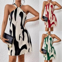 Fashion Printed Halter Neck Sleeveless Mini Dress