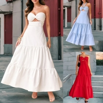 Elegant Halter Neck Sweetheart Neckline Front Cutout Backless Tiered Maxi Dress