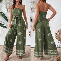 Fashion Strapless Floral Printed Self-tie Straight-cut Jumpsuit