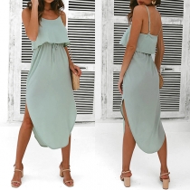 Fashion Square Neck Backless Side Slit Irregular Hemline Mock-two-piece Dress