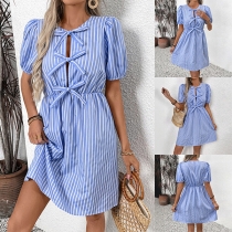 Fashion Vertical Striped Printed Front Bowknot Crew Neck Short Sleeve High-rise Mini Dress
