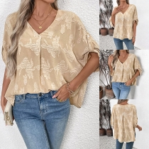 Fashion Jacquard Batwing Sleeve V-neck Loose Shirt