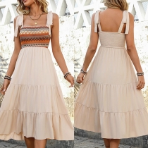 Bohemia Style Floral Printed Self-tie Shoulder Strap High-rise Tiered Dress
